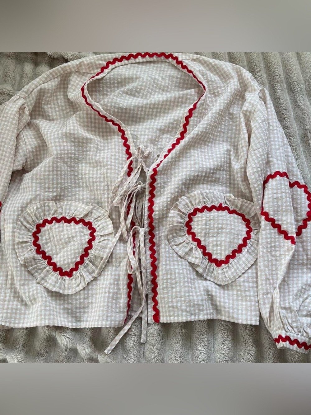 Woven Tie-Front Heart Pocket Top - Pink with Red Trim
